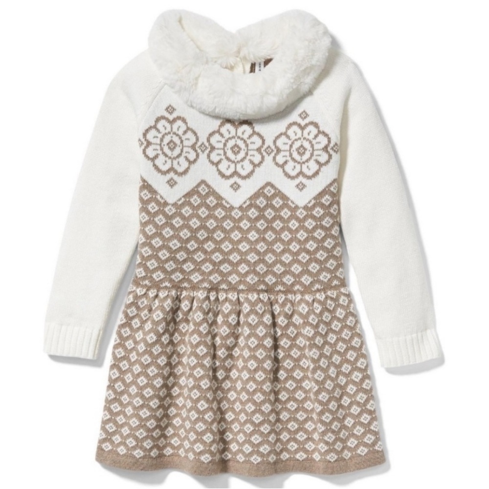 Janie and Jack White and Tan Knit Dress Faux Fur Collar